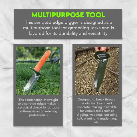 Prospector's Serrated Edge Digger Compact Shovel Trowel For Gardening And Metal Or Gold Prospecting And Detecting Includes Belt Loop Sheath With Oversized Comfort Grip And Carbon Steel Build displayed on grass and soil background