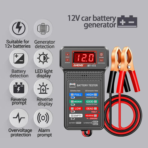 12V Car Battery Tester And Auto Voltmeter With Alternator Analyzer For Cars Trucks Motorcycles RVs ATVs SUVs Boats Yachts Mowers Golf Carts Delivers Sharp 0.01 Volt Readouts And Fast Real World Diagnostics, with clamps and LED display