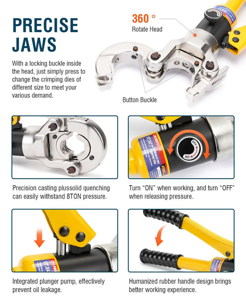 Pro Grade Beefy Hydraulic Copper Tube Fittings Press Tool Kit with 360 Degree Rotating Head and Automatic Locking Crimp Jaws