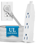 Flat Angled Extension Cord 8 Ft For Indoor Use With UL Listed Three Outlet Power Cord Space Saving Design To Plug In Multiple Devices At Once 3 Prong White shown coiled with outlet