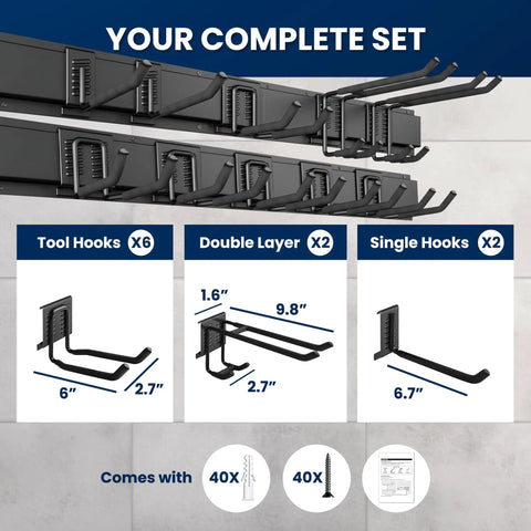 Image showing the 64 Inch All Metal Garage Tool Organizer Wall Mount Heavy Duty Tool Rack Holds 680 Lbs With Adjustable Hooks.