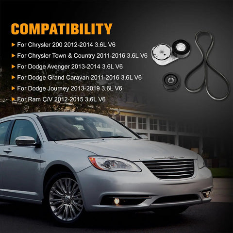 Compatibility chart and car image for Engine Drive Belt Tensioner Idler Pulley Serpentine Belt Drive Kit Direct Fit For Chrysler 200 3.6L V6 2011-2019.