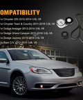 Super Sweet 3.6L V6 Serpentine Belt Drive Kit For Dodge Avenger Journey And Chrysler Grand Caravan With Tensioner Idler Pulley And Fresh Ribbed Belt To Fix Squeals And Keep Your Ride Rockin Smooth Like A Boss From 2011 Through 2019 shown with belt, pulleys, and sedan