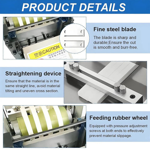 Product details of Top Quality Automatic Heat Shrink Tube Cutter With Micro Computer Control and Zero Point One Mm Accuracy, showing blade, straightening device, and feeding rubber wheel.