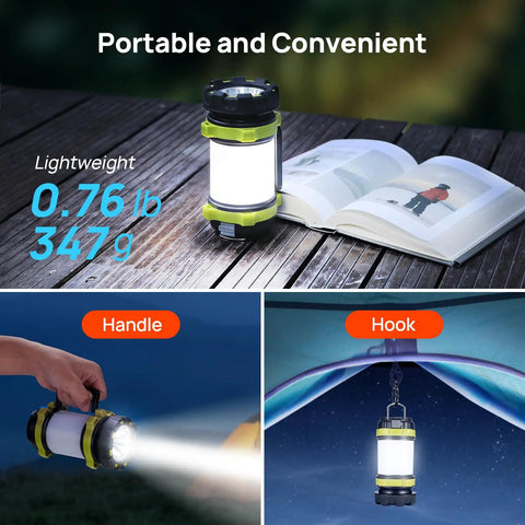 Two Pack LED Camping Lantern and Flashlight with USB C Port, lightweight, showing handle use and hanging hook in tent.