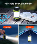 Rechargeable LED Camping Lantern With USB C Power Bank, 6 Lighting Modes, showing handle and hook usage, 3600mAh Battery
