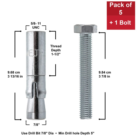 Internally Threaded Drop-In Anchor With Wedge Expansion For Solid Masonry And Concrete In Zinc Plated Carbon Steel, 7/8 Inch Diameter, 3-13/16 Inch Length, 5/8-11 Threads, Pack Of 5 shown with measurement details.