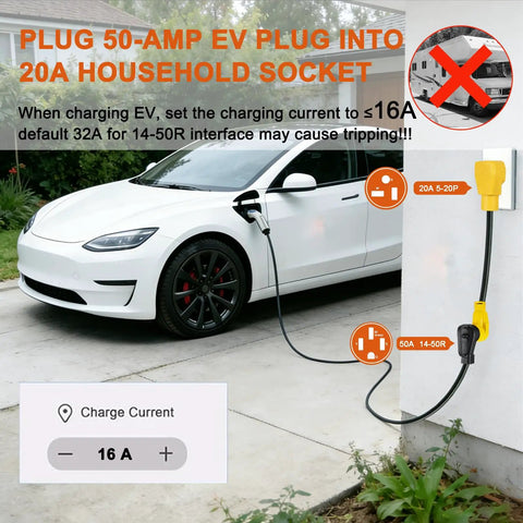Tesla Level 1 EV Charger Adapter Cord NEMA 5-20P To 14-50R 10AWG 16A Max Setting 3 Prong To 4 Prong 110V charging a car