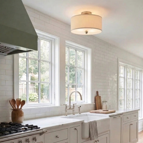 Newport 14 Inch Modern Two-Light Semi-Flush Mount Ceiling Light With Beige Linen Drum Shade And Oil-Rubbed Bronze Finish, Frosted Glass Diffuser Great For Kitchen Or Hallway Ambience installed in a bright kitchen