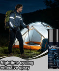 Night Reflective Spray 100ml Safety Fluorescent Paint Invisible Daytime used by a man in reflective gear near a tent at night.