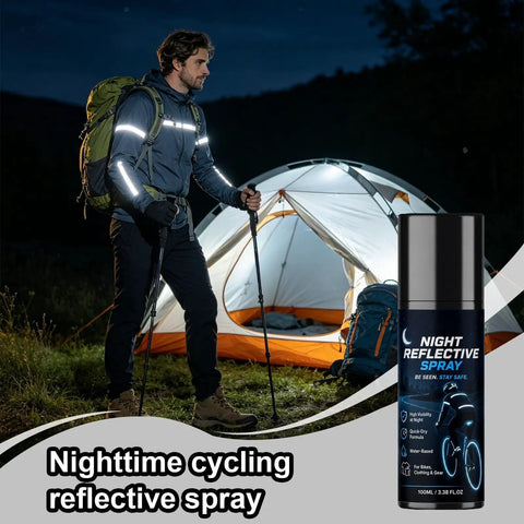 Night Reflective Spray 100ml Safety Fluorescent Paint Invisible Daytime used by a man in reflective gear near a tent at night.