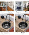 Mini Round Stainless Steel Kitchen Sink Bar Basin With Drainpipe Fitting 30cm Diameter Compact Drop In Mount, showing various installations.