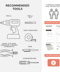Installation tools for Wire Curtain Hanging System With 16Ft Stainless Steel Room Divider Rod And 24 Alligator Clips shown.