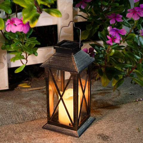 Outdoor Hanging Solar Lanterns Waterproof LED Lights For Porch Garden Patio Pathway Deck Yard Bronze Finish glowing at night