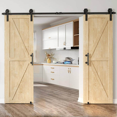 Heavy Duty Sliding Barn Door Hardware Kit For Double Doors 350 Lb Capacity Includes 2 Round Door Handles And 2 Floor Guides Fits 1 3 8 To 1 3 4 Inch Door Panels Black Finish Quiet And Stable