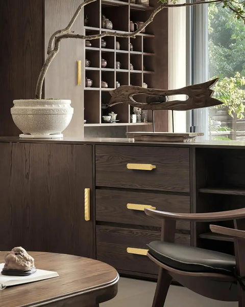 Five Pack Gold Cabinet Pulls With 3 Inch Hole Center Brushed Brass Finish on dark wood kitchen cabinets