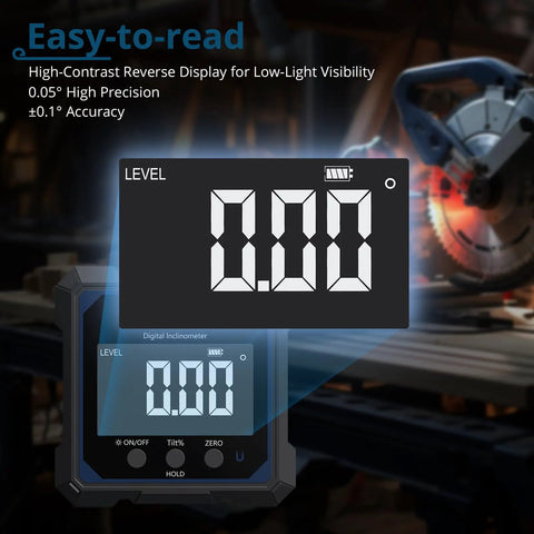 Pro Grade Digital Angle Finder With Laser Magnetic Box Level USB C IP54 high contrast display with 0.05 degree precision