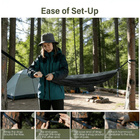 Person setting up Portable Camping Hammock With Tree Straps And Attached Carry Bag For Outdoor Adventures And Backyard Relaxation
