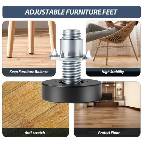 Adjustable Foot Pads For Furniture And Home Use, Grippy Non Slip Floor Protectors, Leveling Glide Feet For Tables And Chairs, Heavy Duty Rust Resistant Easy Height Adjustment 12 Pack image showing features and uses.