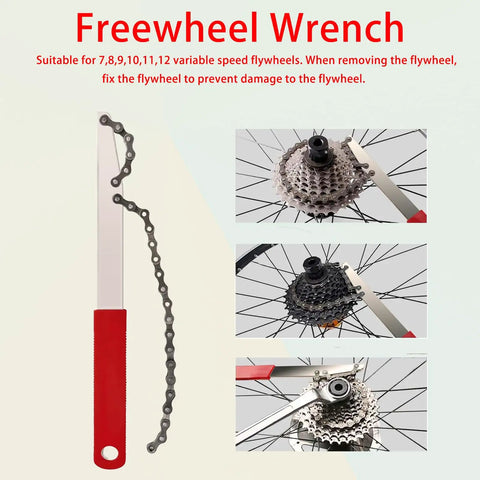 All In One Cassette Removal Tool Kit With Chain Whip shown with examples on 7 to 12 speed cassettes and disc brake lockrings.