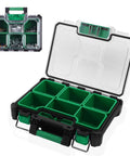 13.5 Inch Small Parts Organizer Box with Stackable Design, 7 Compartments and Removable Dividers, Clear Lid, IP65 Waterproof Case
