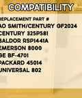 Compatibility list for 1/4 HP Belt Drive HVAC Fan Motor GF2024 Single Unit 115V 1725 RPM Reversible Sealed Ball Bearing
