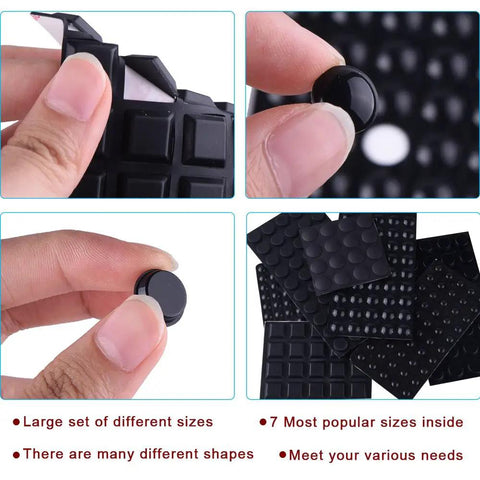 318 Piece Black Rubber Feet Bumper Pads Set With Self Adhesive Backing for doors cabinets shown in various sizes and shapes