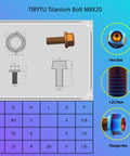 Slick Grade A Titanium Flange Hex Bolts M8 X 20Mm Six Pack specifications drawing with size details and hex bolt features.