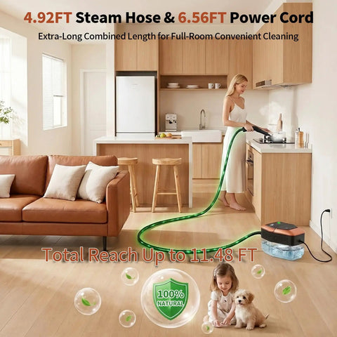 Gabtruk Handheld Steam Cleaner With 15S Fast Heat Up And 1.8L Tank For Deep Cleaning tile grout with 4.92FT hose in a modern kitchen.