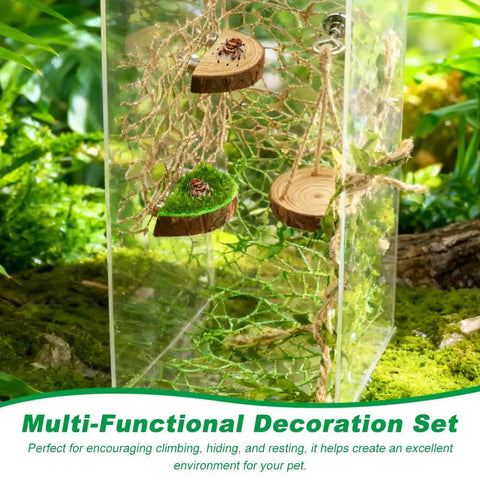 Premium Seven Piece Jumping Spider Habitat Decor Kit Featuring Natural Wood Platforms Cozy Hanging Swing Braided Hemp Rope Bridge And Glitter Webs For Compact Enclosures That Totally Slaps in a terrarium with climbing areas.