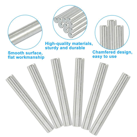 Front view of Ten Pack 4mm Stainless Steel Dowel Pins Shelf Pegs For Furniture Assembly, chamfered ends, 30mm length, rust resistant.