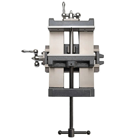 Heavy Duty Cross Slide Drill Press Vise With Extra Tall Jaws Sliding Clamp Handle And Precision Castings For Knockout Grip and detailed top view.