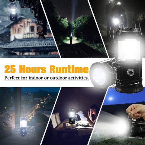 Two Pack Collapsible Camping Lantern With Solar USB Rechargeable Portable Waterproof LED Light shown in various settings