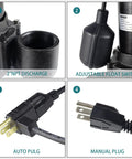 One Half HP Submersible Sewage Pump With Auto Float Switch 115V Cast Iron 5300 GPH showing 2 inch NPT discharge, auto float switch, and plug details