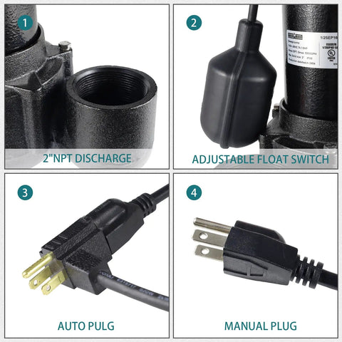 One Half HP Submersible Sewage Pump With Auto Float Switch 115V Cast Iron 5300 GPH showing 2 inch NPT discharge, auto float switch, and plug details