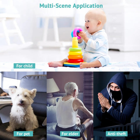 Multi-scene application of Ultra Clear 3MP Indoor Security Camera for home use with 2K night vision, showing child, pet, elder, and anti-theft