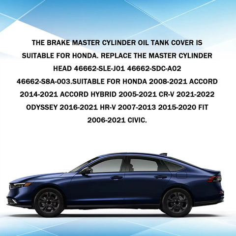 Blue Honda sedan with text about compatible master cylinder oil tank cover for various Honda models.
