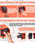 Instruction for installing and dismantling battery package on Cordless 18V Water Transfer Sump Pump Kit With Self Priming Battery Powered Pump Delivers Up To 340 GPH For Easy Drainage And Quick Fluid Transfers Portable No Mess For Basements Pools Rain Barrels