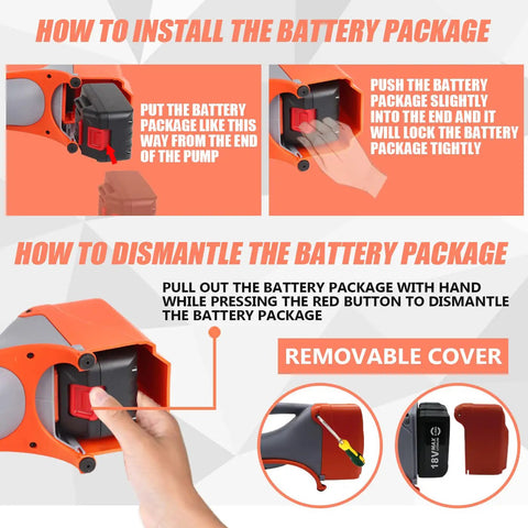 Instruction for installing and dismantling battery package on Cordless 18V Water Transfer Sump Pump Kit With Self Priming Battery Powered Pump Delivers Up To 340 GPH For Easy Drainage And Quick Fluid Transfers Portable No Mess For Basements Pools Rain Barrels