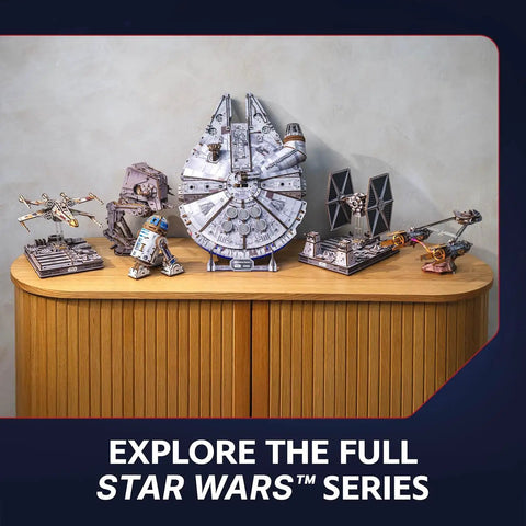 Millennium Falcon 3D Wooden Puzzle Kit With Lit LED Hyperdrive Glow DIY Mechanical Model 3D Brain Teaser For Adults on display