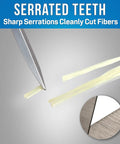 Close-up of serrated blades slicing fibers, showcasing Kevlar Friendly Ergonomic Fiber Optic Cutter 6 Inch Pro Grade Shears For Tough Cable Jobs Cuts Kevlar Insulation Tape And Cable Ties With High Carbon Stainless Steel Blades Easy Grip And Built To Last For Daily Use.