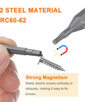 Close-up of a magnetic H1.3 hex screwdriver bit with screw, showcasing S2 steel material and strong magnetism.