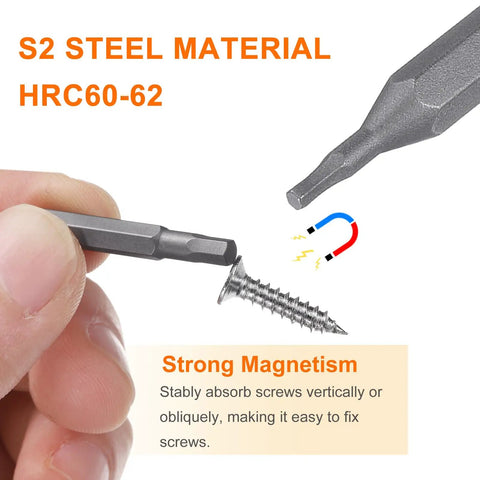 Close-up of a magnetic H1.3 hex screwdriver bit with screw, showcasing S2 steel material and strong magnetism.