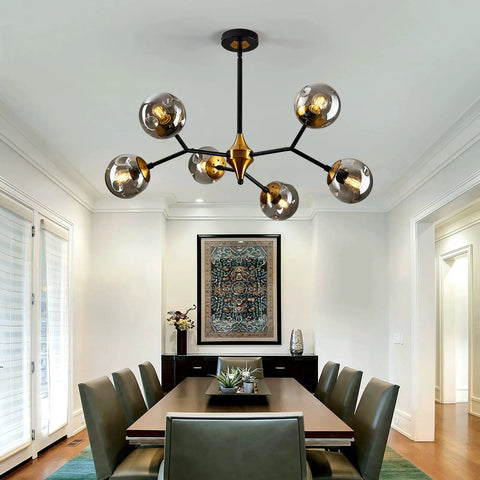 Six Light Glass Globe Chandelier With Adjustable Boom, Modern Semi Flush Mount Ceiling Light Fixture in dining room