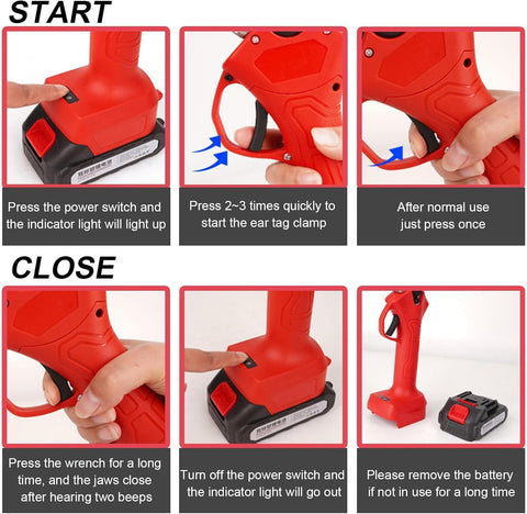 Electric Livestock Ear Tagger With Dual Batteries And Six Tag Needles, Quick One Button Tagging Tool instructions in red