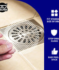 Heavy Duty Disposable Shower Drain Hair Catcher With Extra Tacky Waterproof Mesh shown being applied over a drain.