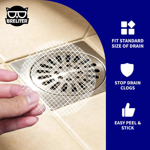 Heavy Duty Disposable Shower Drain Hair Catcher With Extra Tacky Waterproof Mesh shown being applied over a drain.