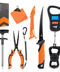 7 Piece Fishing Tool Kit With Rechargeable 65Lb Digital Fish Scale, Lip Grip And Tape Measure, tools on display