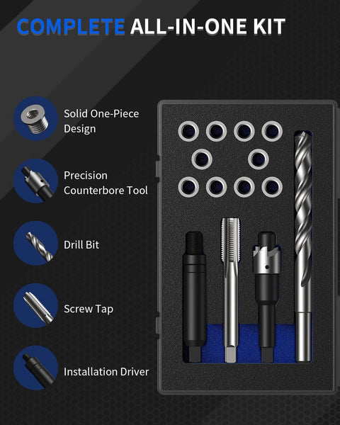 ZOMIYU M6x1.0 thread repair kit with 10x 304 stainless inserts, HSS drill, tap, counterbore, installation driver.