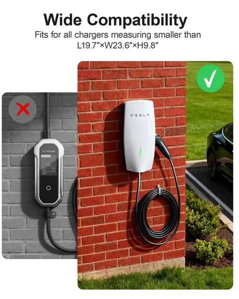 Universal Lockable EV Charger Outdoor Enclosure And Heavy Duty Metal Protective Guard For Level 2 Charging Stations installed on a brick wall.